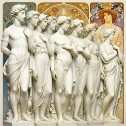 colourful upper half portrait of a line of detailed white stone male statures lined up - art by tenmyouya hisashi, hsiao - ron cheng & alphonse mucha, highly detailed, digital painting, illustration, smooth, sharp focus, intricate, symmetry, pinterest, behance, artstation