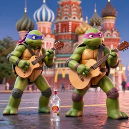 Teenage mutant ninja turtles drink vodka and play balalaika at McDonald’s + hyper realistic + Moscow + Russia + very detailed + render in octane + 4k render