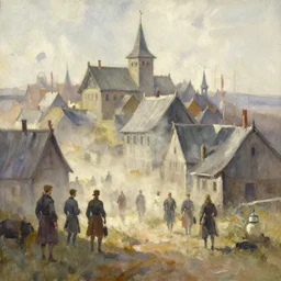 small centered paint brush strokes, abstract watercolor painting of western viking town, midday sharp light, dust, cinematic light, american romanticism by hans dahl, by jesper ejsing, by anders zorn, by greg rutkowski, by greg manchess, by tyler edlin