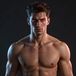 glowwave portrait of muscular man with red eyes, au naturel, hyper detailed, digital art, trending in artstation, cinematic lighting, studio quality, smooth render, unreal engine 5 rendered, octane rendered, art style by klimt and nixeu and ian sprigger and wlop and krenz cushart.