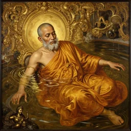highley detailed old srilankan buddhist monk drowning in liquid gold in baroque style, painting by gaston bussiere, craig mullins, j. c. leyendecker, lights, art by ernst haeckel, john william godward, hammershøi,