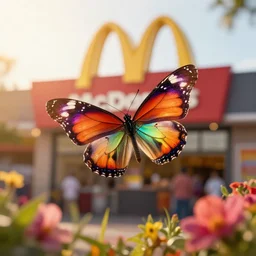 a colorful butterfly, golden hour at mcdonald's, bokeh, colorful, chroma, underdimensional, everdimensional, floral