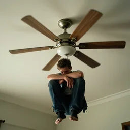 sad man stuck in a ceiling fan stock photo by james ensor