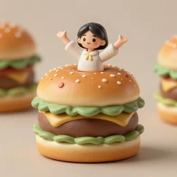 2 3 cm complete figure of hamburger wearing a comfy blouse, personification, pvc statue, dynamic pose, detailed product photo, featured on amiami, tone mapped, beautiful composition, 8 5 mm, f 1. 8, high detail, tomoyuki yamasaki, kyoto studio, square enix, madhouse