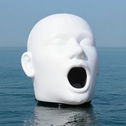 a giant inflatable human head with open mouth on realistic water, in the style of chad knight, long shot, hyper detailed, hyper realistic, ray tracing, 8 k resolution, sharp focus, realistic water, award winning