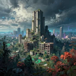 a beautiful hyperdetailed illustration of nature abandoned architecture city unfinished building citadel by jan van goyen, fisheye atlantis liberty city forest hyperrealism extraterrestial uv light infrared bladerunner 2 0 4 9 partly cloudy night retrowave lightpaint nature, archdaily, wallpaper, highly detailed, trending on artstation.
