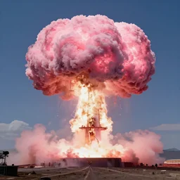 a beautiful nuclear explosion, landscape, pink clouds illuminated by the nuclear bomb, featuring a skeleton, by craig mullins