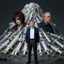 bill gates standing in front of a gigantic mountain of realistic syringes by junji ito and francis bacon, hunter s thompson feeling of grimdark, sharp focus, fiction, hyper detailed, digital art, trending in artstation, cinematic lighting, studio quality, smooth render, unreal engine 5