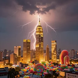a photo of a city made out of candy, golden hour time, beautiful lightning