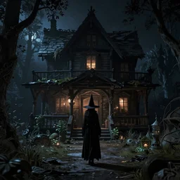 A witch in the shadows of a dark decrepit cottage at night, highly detailed interior, hyperrealistic, Lumion render, 8k UHD
