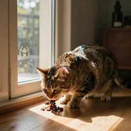 house cat eating a photus in the living room next to a door by gref rutkowski