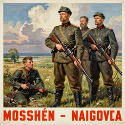 soviet propaganda poster of a mosin - nagant, socialist realism. by alexander zelensky, viktor deni, havrylo pustoviyt