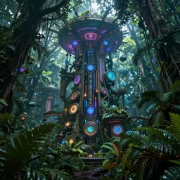 a rainforest filled with ancient magical technology and neon lights,