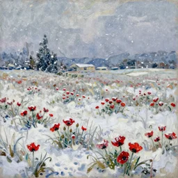 detailed expressionist oil painting by van gogh of a snowy field in winter, falling snow on a field with scattered red poppies, winter landscape painting, silent snowfall, expressionism, 8 k resolution, smooth, sharp focus, matte painting