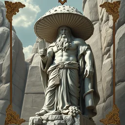 a masterpiece hyperdetailed dnd tarot card, magnificent mushroom deity as depicted in a colossal greek marble statue ( with godlike perfect bodybuilder physique ), hd tarot card depicting monumental statue of a noble mushroom god with cute large mushroom hat, hdr, 8 k, artstationhq, digital art