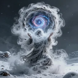 man made of swirling smoke and wind - blown snow, holding a spinning nebula portal above his head, photorealistic, highly detailed, octane render