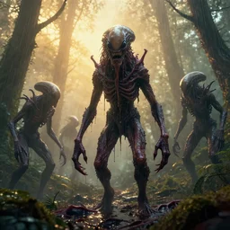 unknown menacing slimy wet nightmarish!!!, hellish!!!, visceral!!!, alien!!! creatures, forested area, fog, rain, volumetric lighting, beautiful, golden hour, sharp focus, ultra detailed, cgsociety