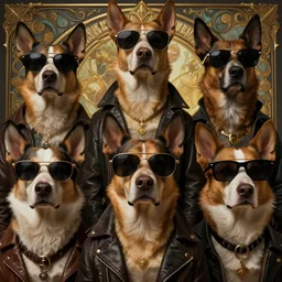 several dogs wearing sunglasses and a leather jacket, photography of kurzgesagt, deep focus, d & d, fantasy, intricate, elegant, highly detailed, digital painting, artstation, concept art, matte, sharp focus, illustration, hearthstone, art by artgerm and greg rutkowski and alphonse mucha