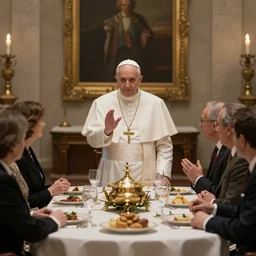 the pope at a shabbat dinner, hyperdetailed, artstation, cgsociety, 8 k
