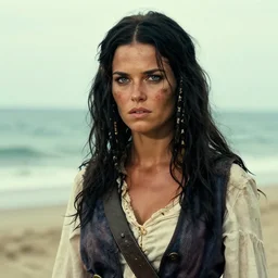 a award winning outdoors beach portrait photo of a 1 7 0 0 s dirty greek olive tanned young pirate woman with black smooth hair, slightly big nose, blue eyes, vest, movie color graded