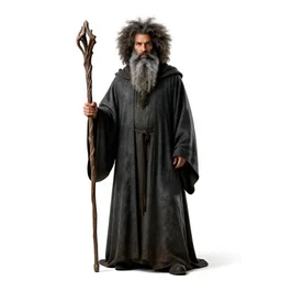 afro-haired wizard with long beard and staff, photorealistic portrait photography, full body, standing, isolated on a pure white background, centered, whole figure in frame, sharp focus, studio lighting
