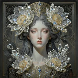 breathtaking detailed concept art painting art deco portrait of gaea the goddess amalgamation flowers made of crystals, by hsiao - ron cheng, bizarre compositions, exquisite detail, extremely moody lighting, 8 k