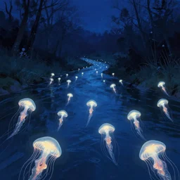 glowing jellyfish immigration down a river, evocative, mystical night, detailed, award winning, trending on artstatioon artwork by WLOP,