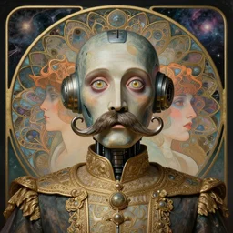 hybrid human and robot face, goofy, silly, dmt, large metal mustache, muted colors, benevolent, nebula background, glowing eyes, detailed realistic surreal retro robot in full regal attire. face portrait. art nouveau, visionary, baroque, giant fractal details. vertical symmetry by zdzisław beksinski, alphonse mucha. highly detailed, realistic