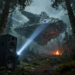 a giant megastructure spaceship wrecked and lost in the forest, a small fire in the distance, big powerful laser light and big sound system on the left side close to the camera, detailed digital art by greg rutkowski.
