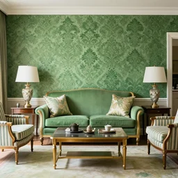 living room, damask accent wall, green sofa with gold trim, chairs with striped upholstery