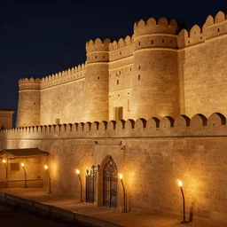 ancient sumerian city at night by michael whelan, greg rutkowski and andreas rocha, torchlight, complex stonework, ramparts, bulwarks, granite architecture, art nouveau ironwork, fortress wall