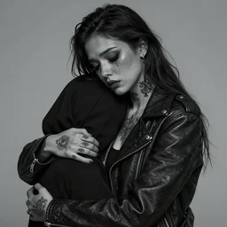 Hot young woman, grey skin, void eyeballs, tattoos, wearing a leather jacket, hugging a shrouded person as they cry on her chest, concept art