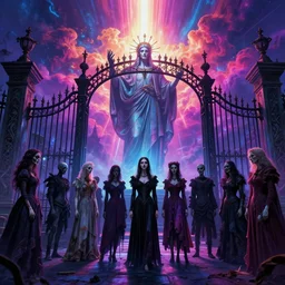 [ palate ] [ vibrant gothic colors ] lost 👾 👽 souls congregating and waiting in line at a giant iron gate, vibrant neon nebulous clouds, radiant light rays, photorealistic illustration, intricate and fine details, volumetric lighting, artstation, god figure at the gate - w 1 0 2 4