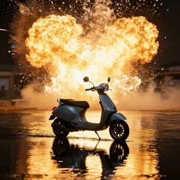 scooter h. p. baxxter standing in water with explosion in background, full body, reflection in water, volumetric lighting, golden ratio