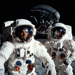 moon landing, astronauts, xenomorph in the background, apollo 1 1, the movie alien, high definition, grainy footage, close up