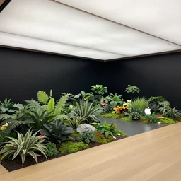 A flagship Apple store with an internal lush garden. black walls. timber floor. high ceilings with spots. the warm sun shines through large windows illuminating an internal forest. beautiful modern wood furniture with phones and tablets, large digital screens with videos on the walls, Architectural photography. 14mm. High Res 8K. award winning architectural design, Minimalist, High-tech environment, warm and happy, clean shapes, inviting, environment friendly, so many plants, overgrown