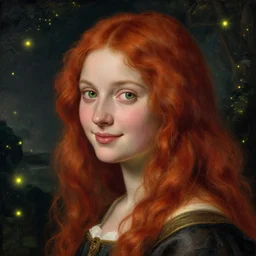 sharp, intricate fine details, breathtaking, digital art portrait of a red haired girl with long hair and green eyes softly smiling in a dreamy, mesmerizing scenery with fireflies, art by artemisia gentileschi