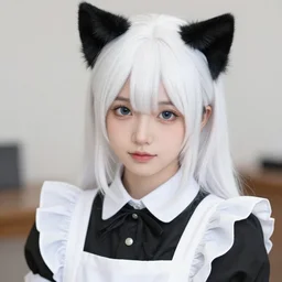 realistic beautiful gorgeous natural cute young teenager girl white hair cute black cat ears in maid dress outfit beautiful eyes artwork drawn full HD 4K highest quality in artstyle by professional artists WLOP, Taejune Kim, Guweiz, ArtGerm on Artstation Pixiv