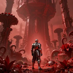 intricate concept illustration, red, fantasy, knight in heavy armor staring at megastructure, large biomes, tentacles, flora, ultra photorealistic, sharp, haze, only red, 8 k