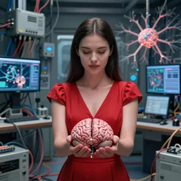 a woman in a red dress holding a brain in her hands, in a room full of wires and computers and neural networks, sci - fi, 4 k realistic, artem demura. alphonse mucha. yoji shinkawa artgerm. jon lothian. danilo torres. adi meyers. thomas reimann. gaston bussiere.