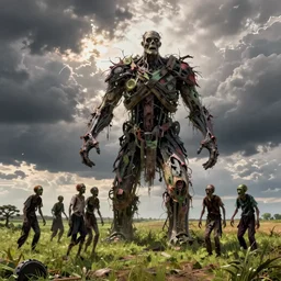 Midwest countryside, towering giant made of zombies, fantasy art