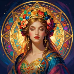 portrait of a beautiful goddess by artgerm, mandala, rococo, vivid color, complementary color, golden ratio, detailed, sharp lines, sharp focus, intricate, rainbowshift, by maxfield parrish, by peter mohrbacher, by gustave dore, by alphonse mucha, deviantart, octane render