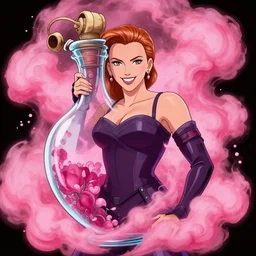 happy scarlett johansson coming out of a genie bottle! pink volumetric smoke surrounds her! ninja scroll anime style