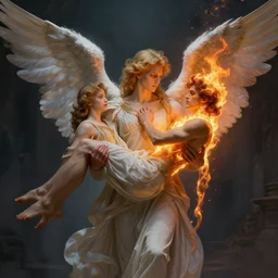 angel holding a burning man in his arms, fantasy art, award winning, fantasy magic, intricate, elegant, sharp focus, cinematic lighting, highly detailed, digital painting, concept art, art by wlop and artgerm, masterpiece, trending on artstation, 8 k