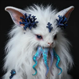 close up portrait of a mutant monster creature with white fluffy moth pouf, exotic lily ears, psychedelic dark blue coral protuberances, cuttlefish pulsing malachite tendrils. by jan van eyck, walton ford
