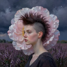 closeup, giant flower blooming head mohawk, woman in heather field, surreal photography, starlight, storm clouds, impressionist painting, digital painting, artstation, simon stalenhag