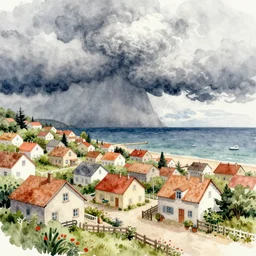 a watercolor landscape panorama of a cozy seaside village with a menacing storm cloud on the ocean horizon, highly detailed, masterpiece, very very aesthetic, by anthony micallef