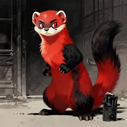 red - and - black weasel / stoat fursona ( furry ), neo - noir setting, 1 9 2 0 s detective fiction cover art style