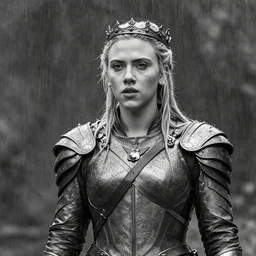 black and white, scarlett johansson as a white walker, wearing rain soaked armour in the pouring rain and a crown of thorns, frank frazetta manga style, hyper realism, pencil and ink, full body standing pose, dynamic lighting in a post apocalyptic city, at night with dramatic moonlight, drawn with added movement effects, cinematic effects vfx, dynamic angle