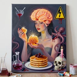 a portrait of a female art student holding a glowing brain, sparks, honeycomb, organic, femme, high voltage warning sign, pancakes, berries, octopus, surgical supplies, skull, scientific glassware, art materials, candle dripping wax, berry juice drips, neo - expressionism, surrealism, acrylic and spray paint and oilstick on canvas